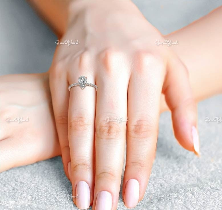 Pear Moissanite Diamond 1.5CT Pear Moissanite Under Halo Engagement Ring With Half Eternity Diamond On Band Wedding For Her, Engagement Ring