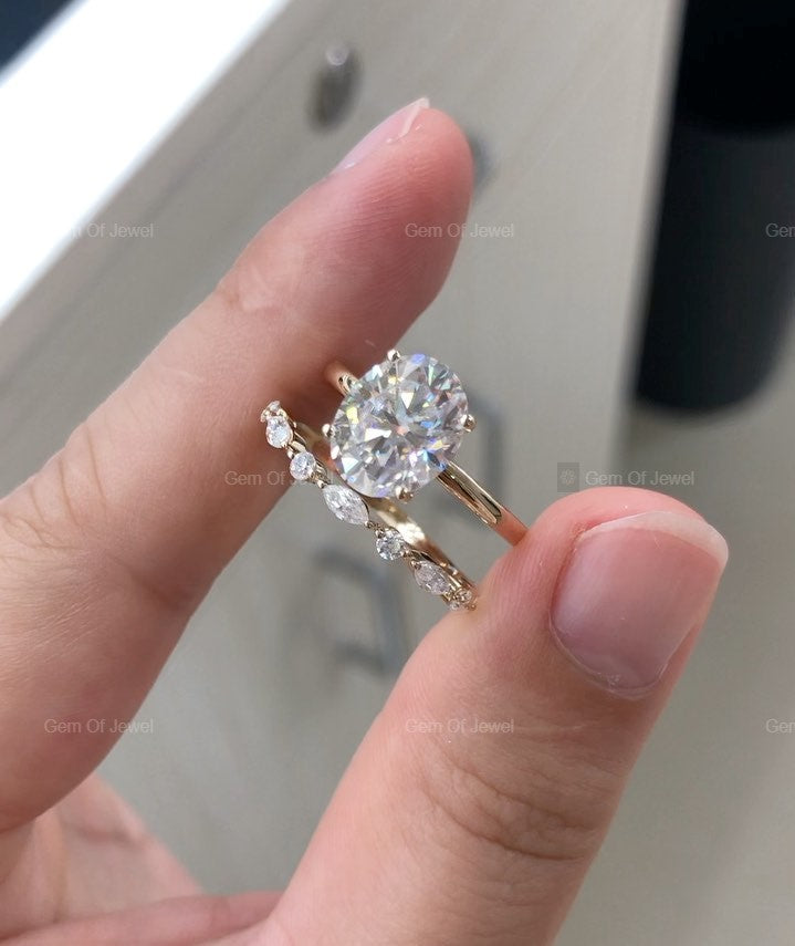 Oval Moissanite Diamond Ring With Marquise And Round Diamond Wedding Band, Oval Ring With Band Set, Oval Moissanite Diamond Bridal Set