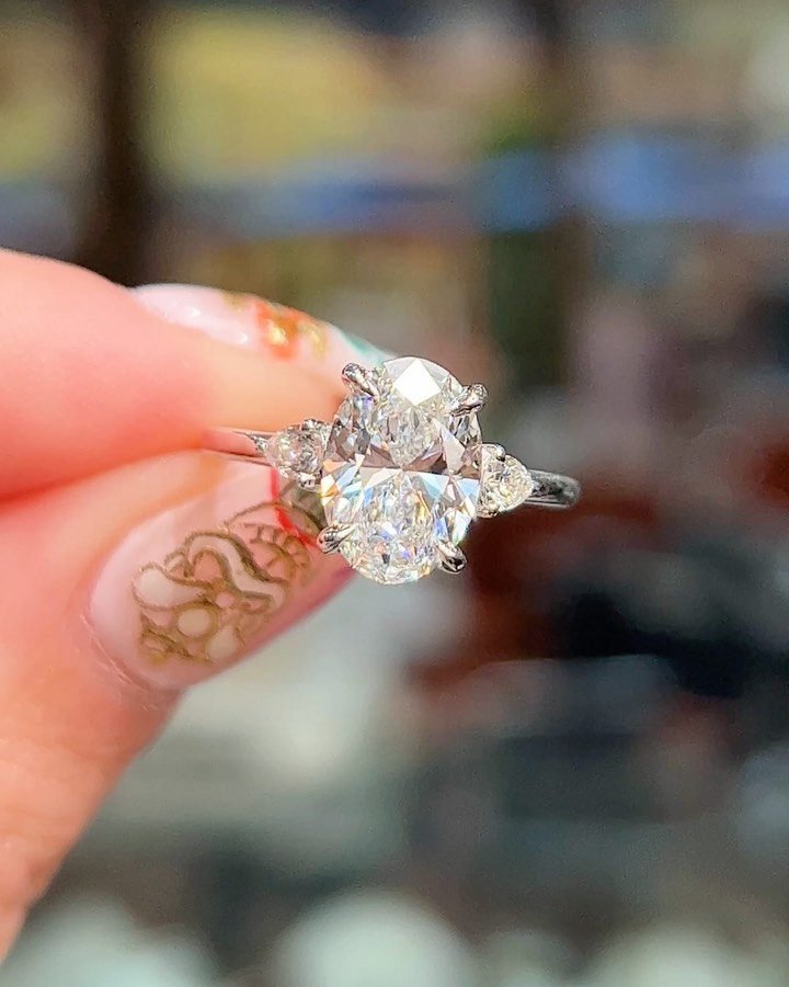 Oval Moissanite Diamond 3 Stone Oval Diamond With Side Pear Moissanite Diamond Engagement Ring For Her, Oval Diamond Engagement Ring For Her