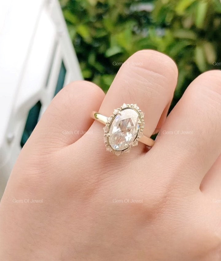 Oval Rose Cut Moissanite Ring With Round Diamond Halo Engagement Ring For Her, Oval Diamond Ring, Oval Moissanite Diamond Engagement Ring