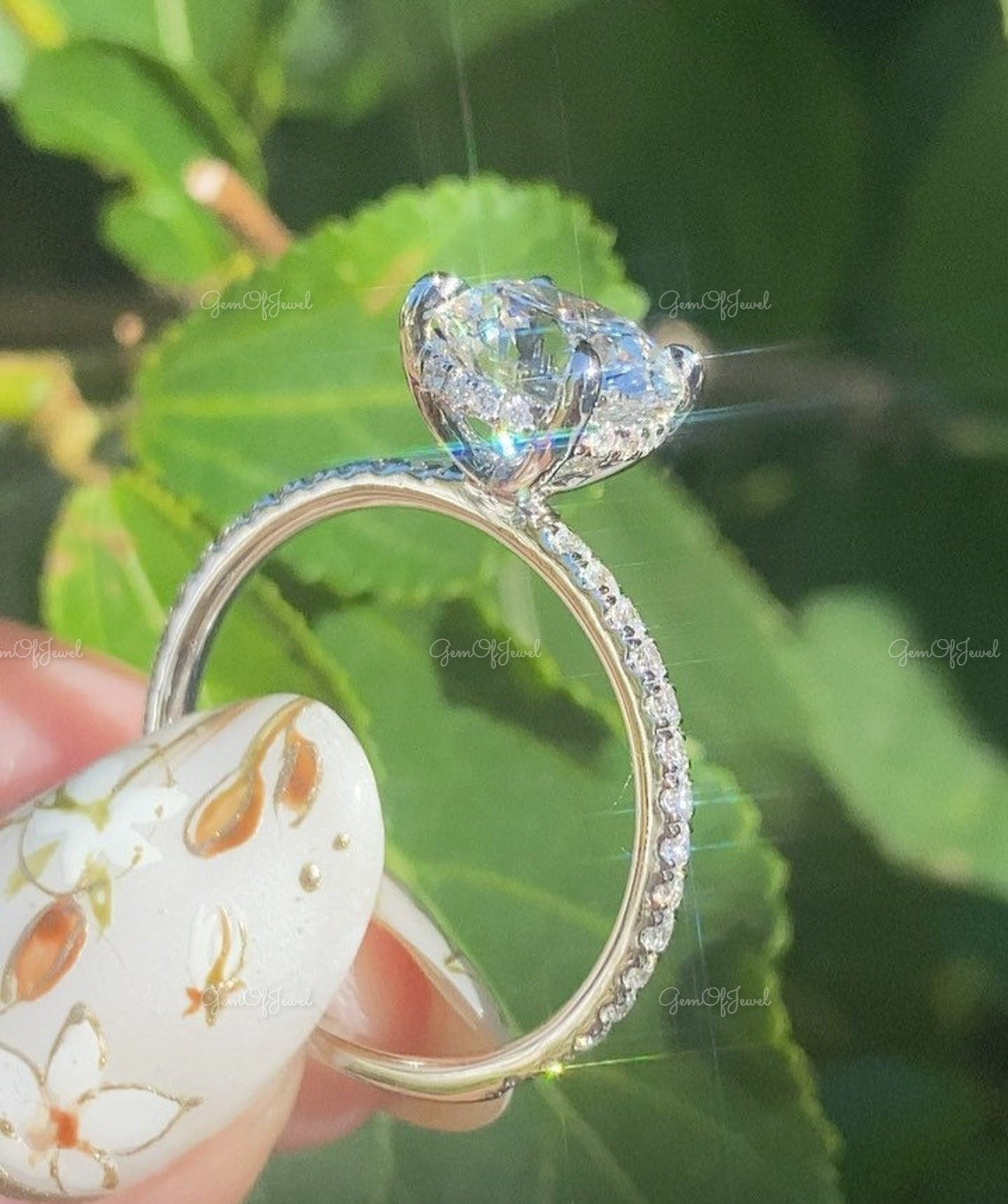 2CT Round Moissanite Diamond Ring, Round Moissanite Engagement Ring With Hidden Halo And Pave Half Eternity Band, Round Cut Diamond Ring