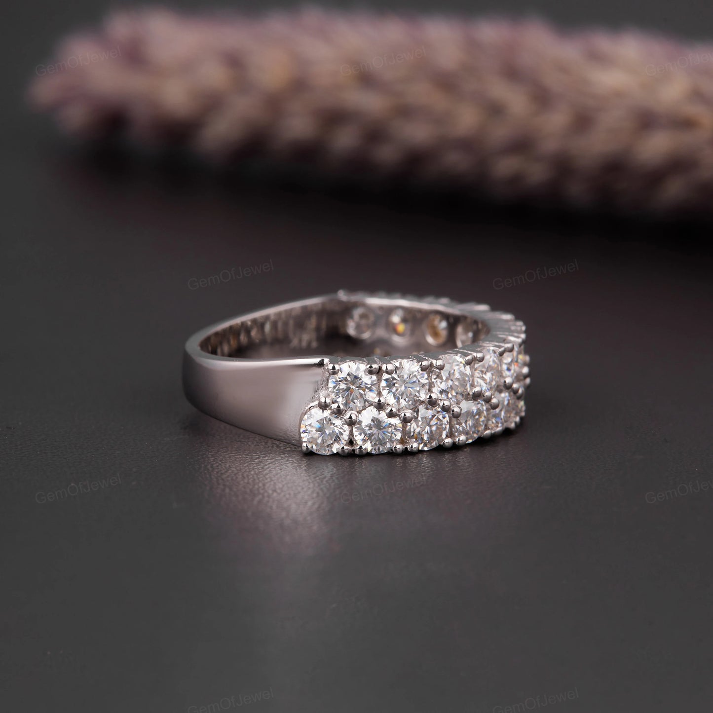 Round Cut Colorless Moissanite Wedding Band, Cluster Diamond Double Row Stackable Matching Anniversary Band, Half Eternity Promise Band,