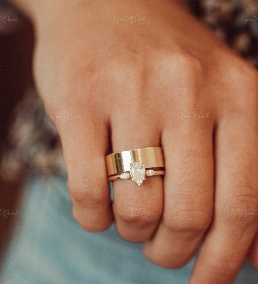 1 CT Pear Moissanite Diamond Engagement Ring With Side Marquise Moissanite Diamond Three Stone Diamond Ring , Marquise Diamond Ring For Her