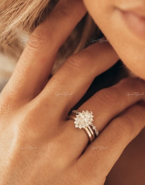 Marquise Moissanite Diamond With Round Moissanite Diamond Starburst Halo Gold Ring , Starburst Halo Moissanite Ring, Starburst Ring