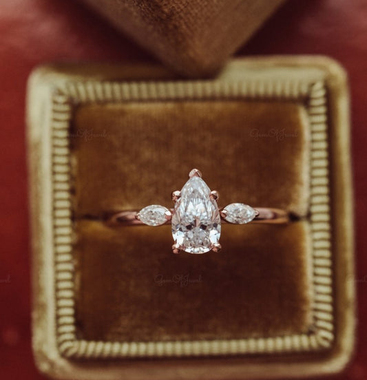 1 CT Pear Moissanite Diamond Engagement Ring With Side Marquise Moissanite Diamond Three Stone Diamond Ring , Marquise Diamond Ring For Her