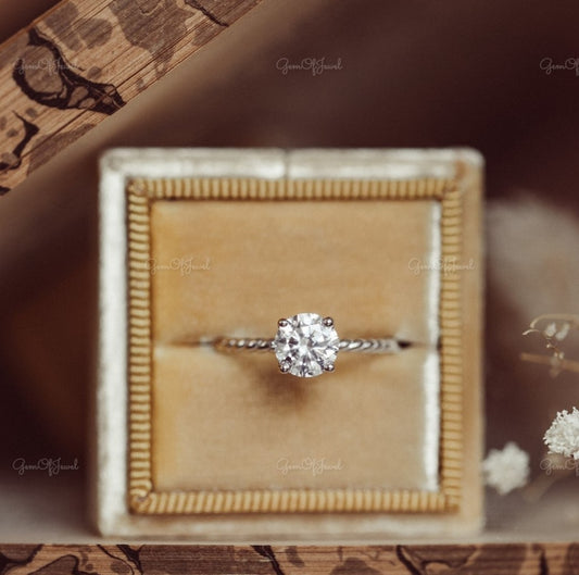 1 CT Round Diamond Moissanite Diamond 4 Prong Gold Ring With Twist Band Moissanite Engagement Ring For Her, Round Diamond Twist Band Ring