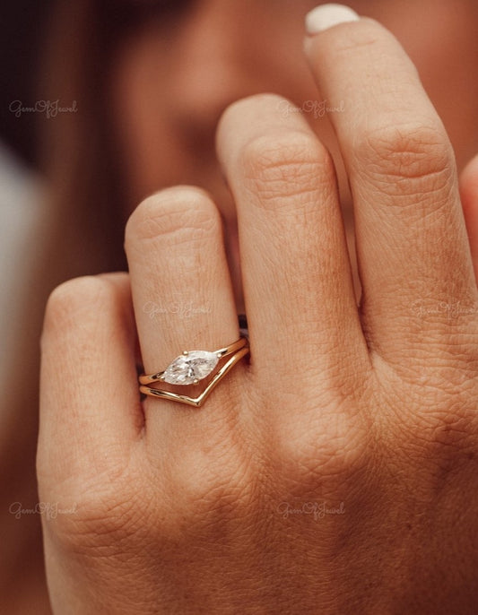 Marquise Moissanite Diamond East West Set Engagement Ring, Marquise Solitaire Diamond Ring East West Ring, Marquise Moissanite Diamond Ring