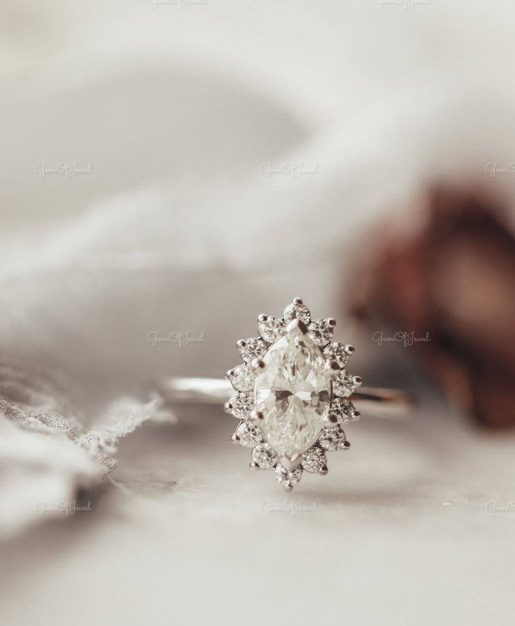 Marquise Moissanite Diamond With Round Moissanite Diamond Starburst Halo Gold Ring , Starburst Halo Moissanite Ring, Starburst Ring