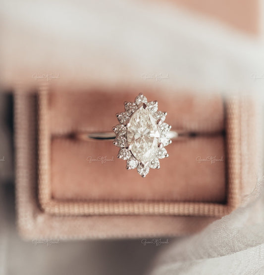 Marquise Moissanite Diamond With Round Moissanite Diamond Starburst Halo Gold Ring , Starburst Halo Moissanite Ring, Starburst Ring
