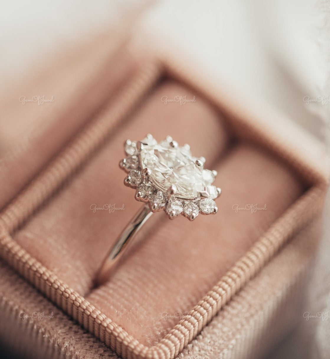 Marquise Moissanite Diamond With Round Moissanite Diamond Starburst Halo Gold Ring , Starburst Halo Moissanite Ring, Starburst Ring