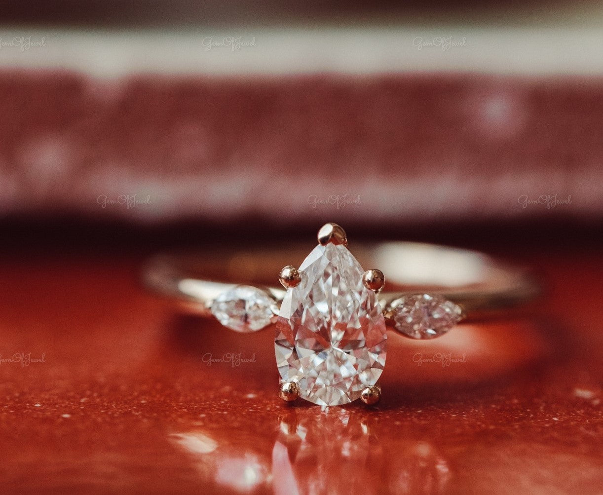 1 CT Pear Moissanite Diamond Engagement Ring With Side Marquise Moissanite Diamond Three Stone Diamond Ring , Marquise Diamond Ring For Her