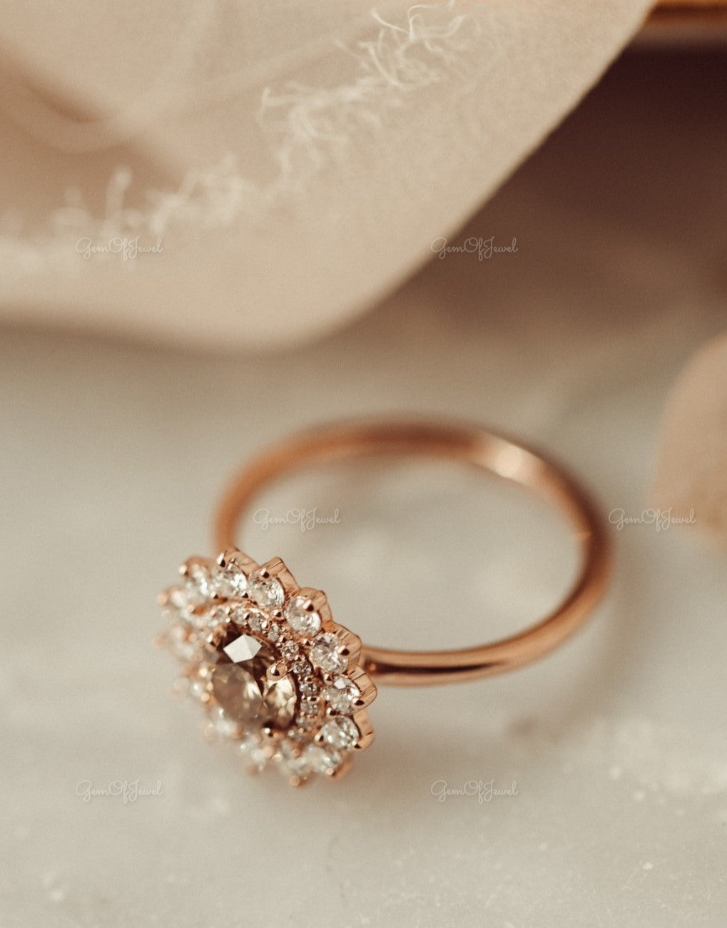 Round Champagne Lab Simulated Diamond Engagement Ring , Round Lab Diamond Halo With Flower Shape Ring For Her