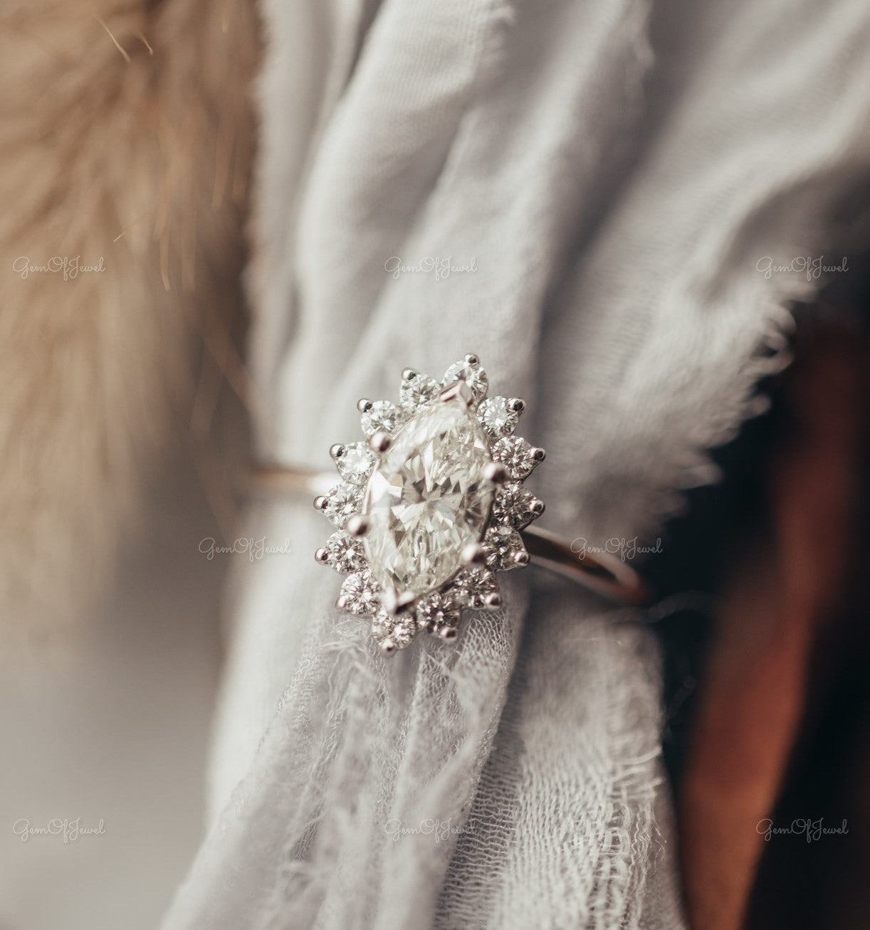Marquise Moissanite Diamond With Round Moissanite Diamond Starburst Halo Gold Ring , Starburst Halo Moissanite Ring, Starburst Ring
