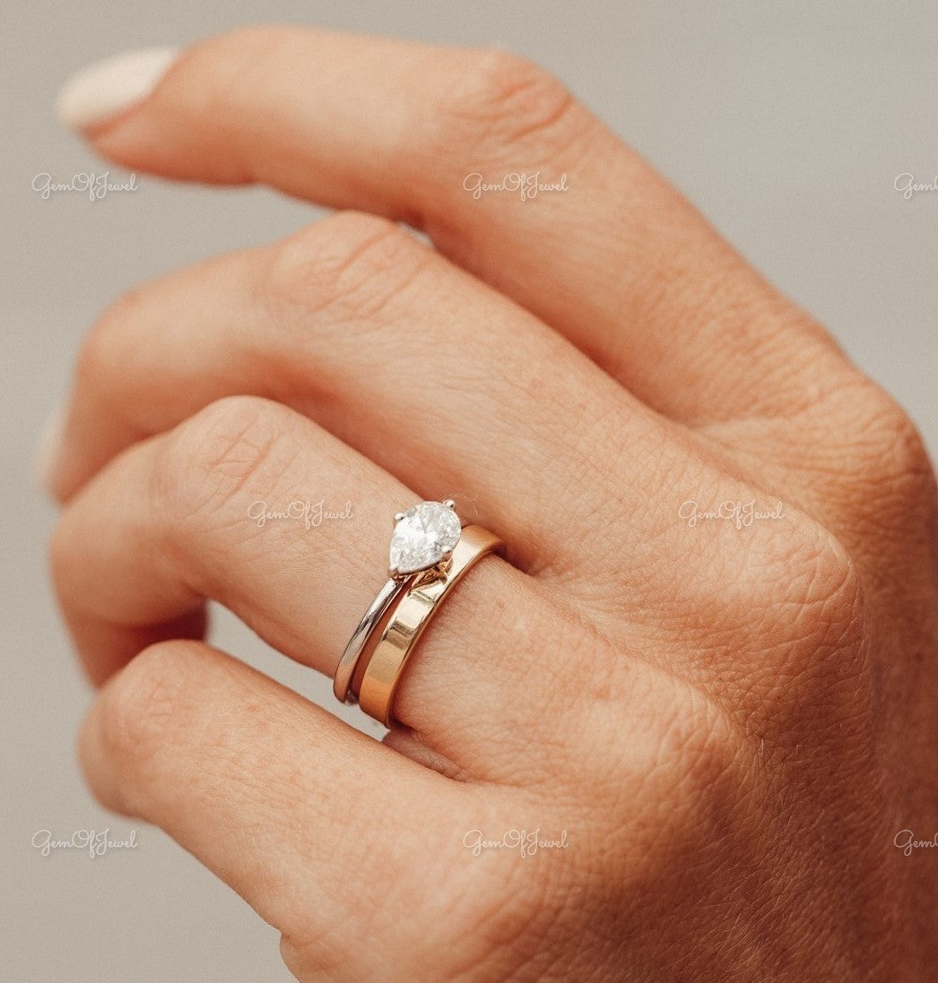 Pear Moissanite Diamond East West Set Engagement Ring, Pear Solitaire Diamond Ring East West Ring, Pear Moissanite Diamond Ring For Her