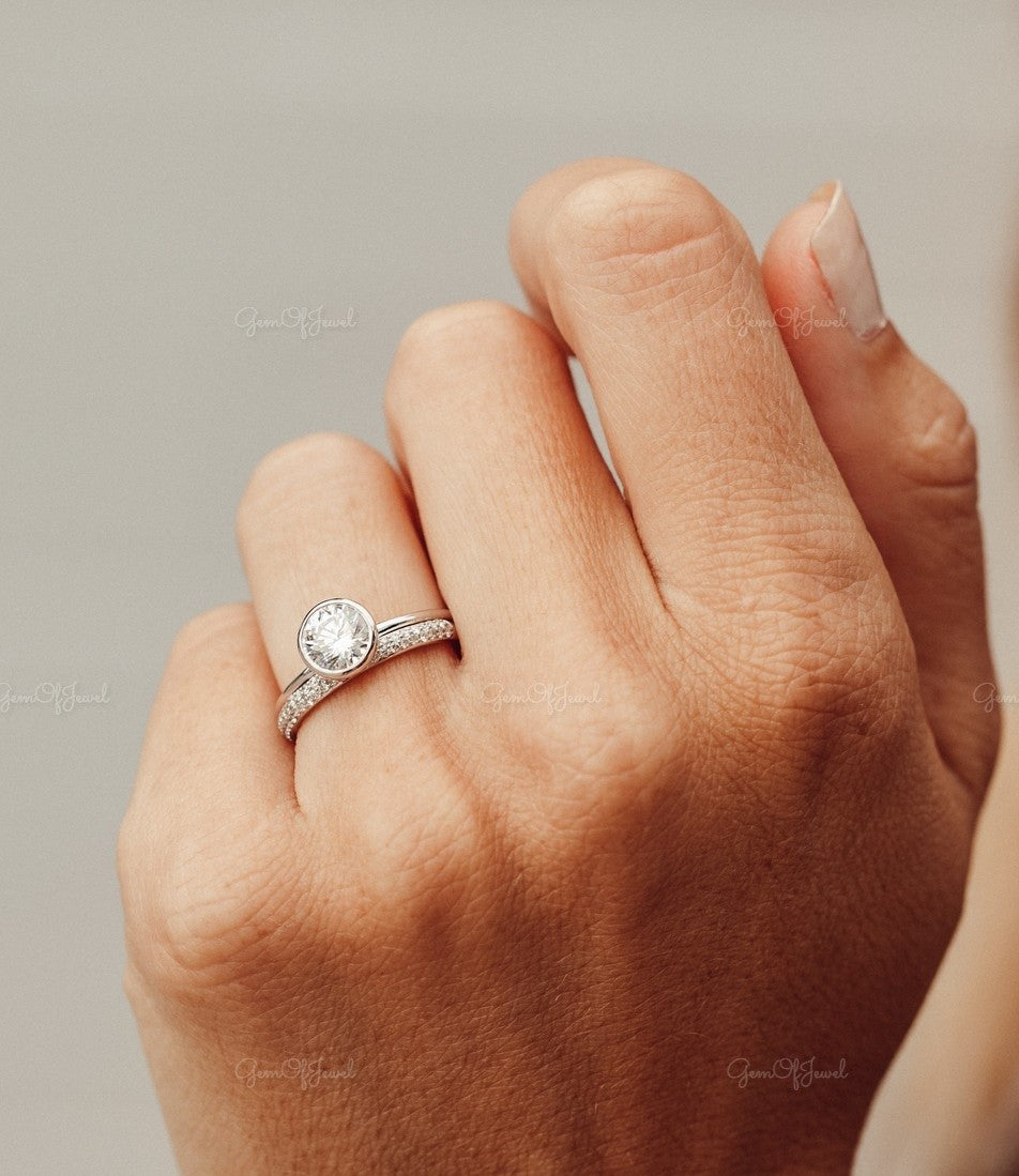 1CT Moissanite Round Cut Bezel Set Solid Gold Ring Moissanite, Wedding Ring For Her, Round Moissanite Engagement Ring