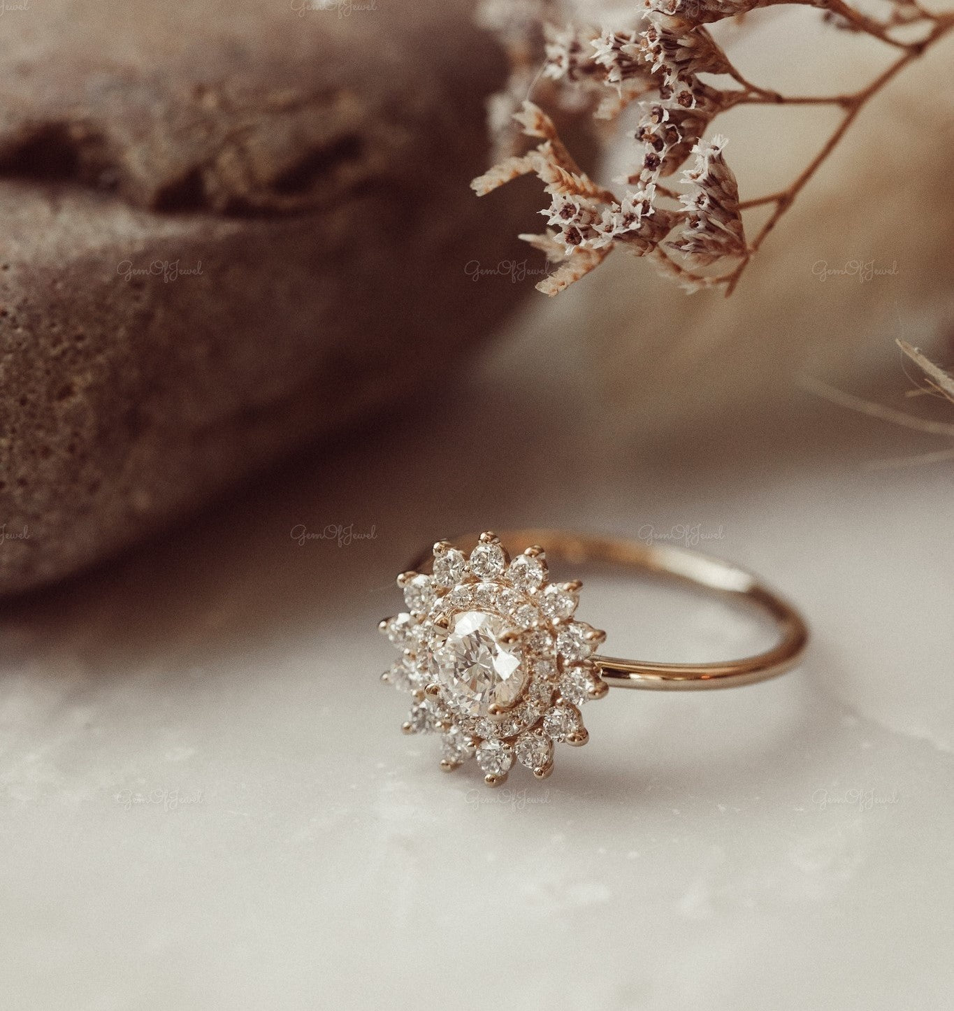 Round Moissanite Diamond Engagement Ring , Round Diamond Ring With Flower Shape Ring For Her, Flower Shape Diamond Ring