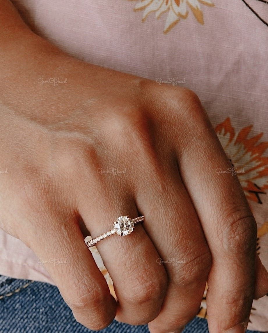 1CT Round Moissanite Diamond Solitaire Accent With Pave Diamond , Round Moissanite Diamond On Band Engagement Ring Or Wedding Ring For Her