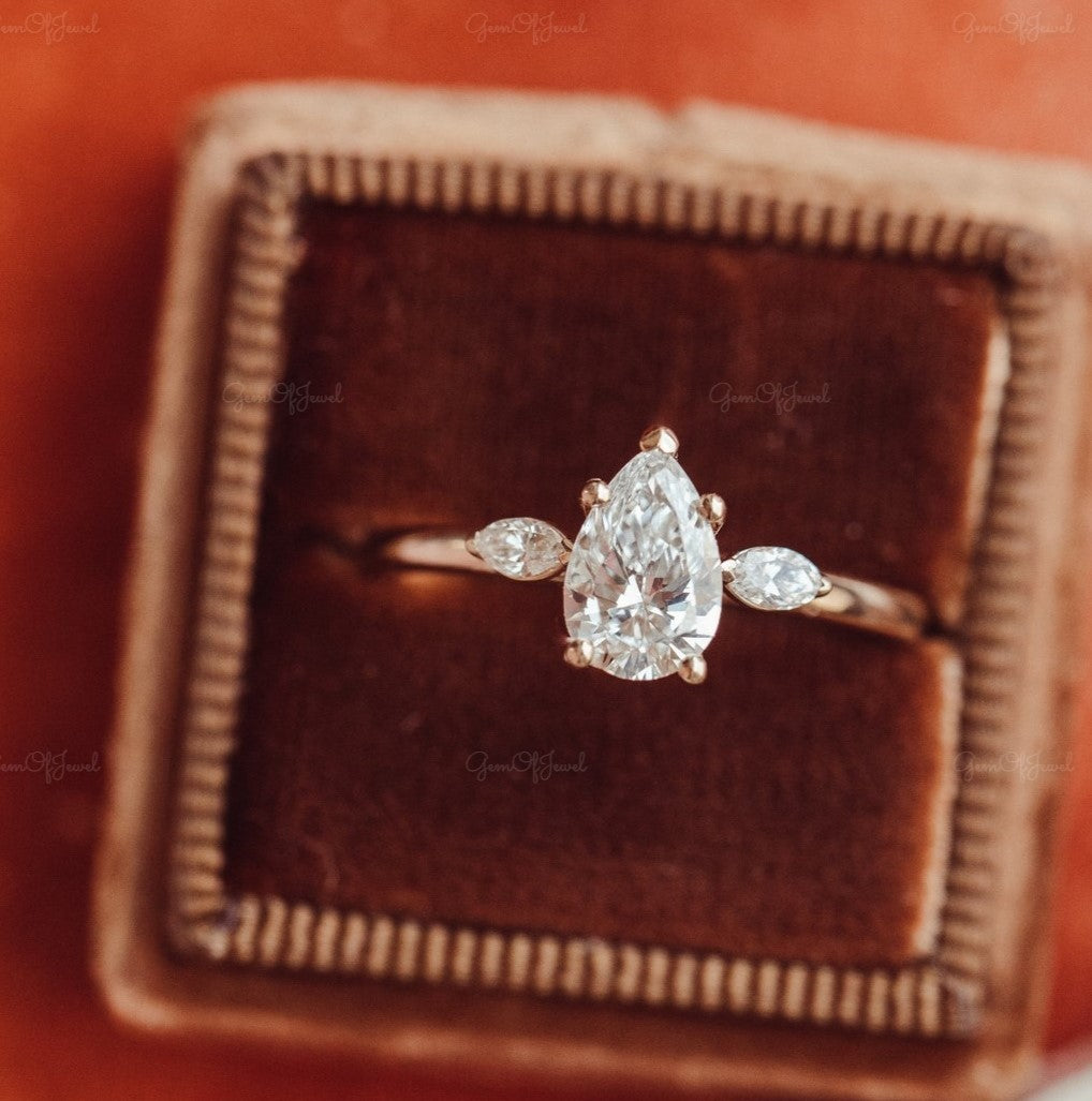 1 CT Pear Moissanite Diamond Engagement Ring With Side Marquise Moissanite Diamond Three Stone Diamond Ring , Marquise Diamond Ring For Her