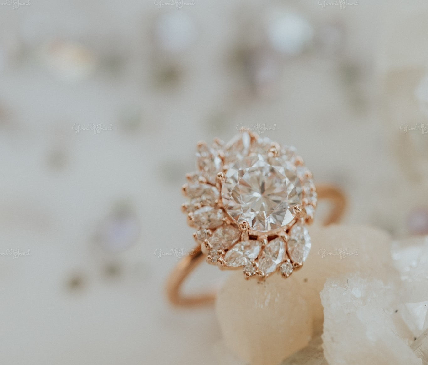 Round Moissanite Diamond With Marquise Moissanite Diamond Starburst Halo Gold Ring , Starburst Halo Moissanite Engagement Ring, Wedding Ring