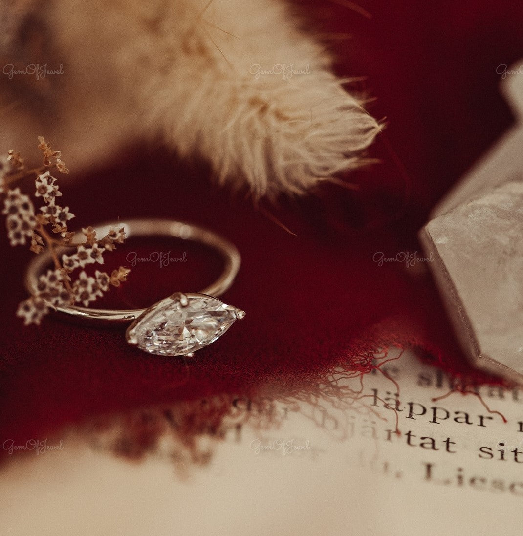 Marquise Moissanite Diamond East West Set Engagement Ring, Marquise Solitaire Diamond Ring East West Ring, Marquise Moissanite Diamond Ring