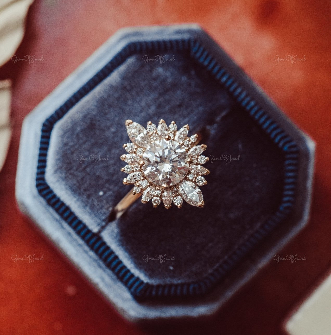 1.2CT Moissanite Round Cut Gold Ring With Marquise Moissanite And Round Diamond Halo Wedding Ring For Her, Moissanite Engagement Ring