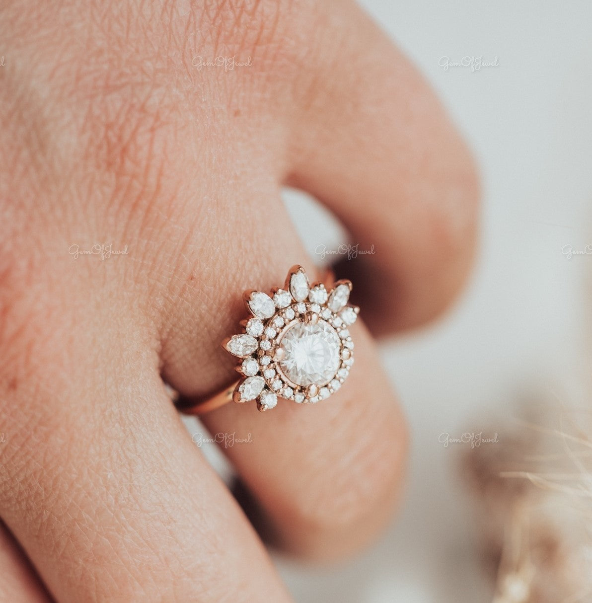 1CT Round Moissanite Diamond With Inner Halo Of Round Moissanite Diamond And Outer Halo Of Marquise And Round Moissanite Diamond