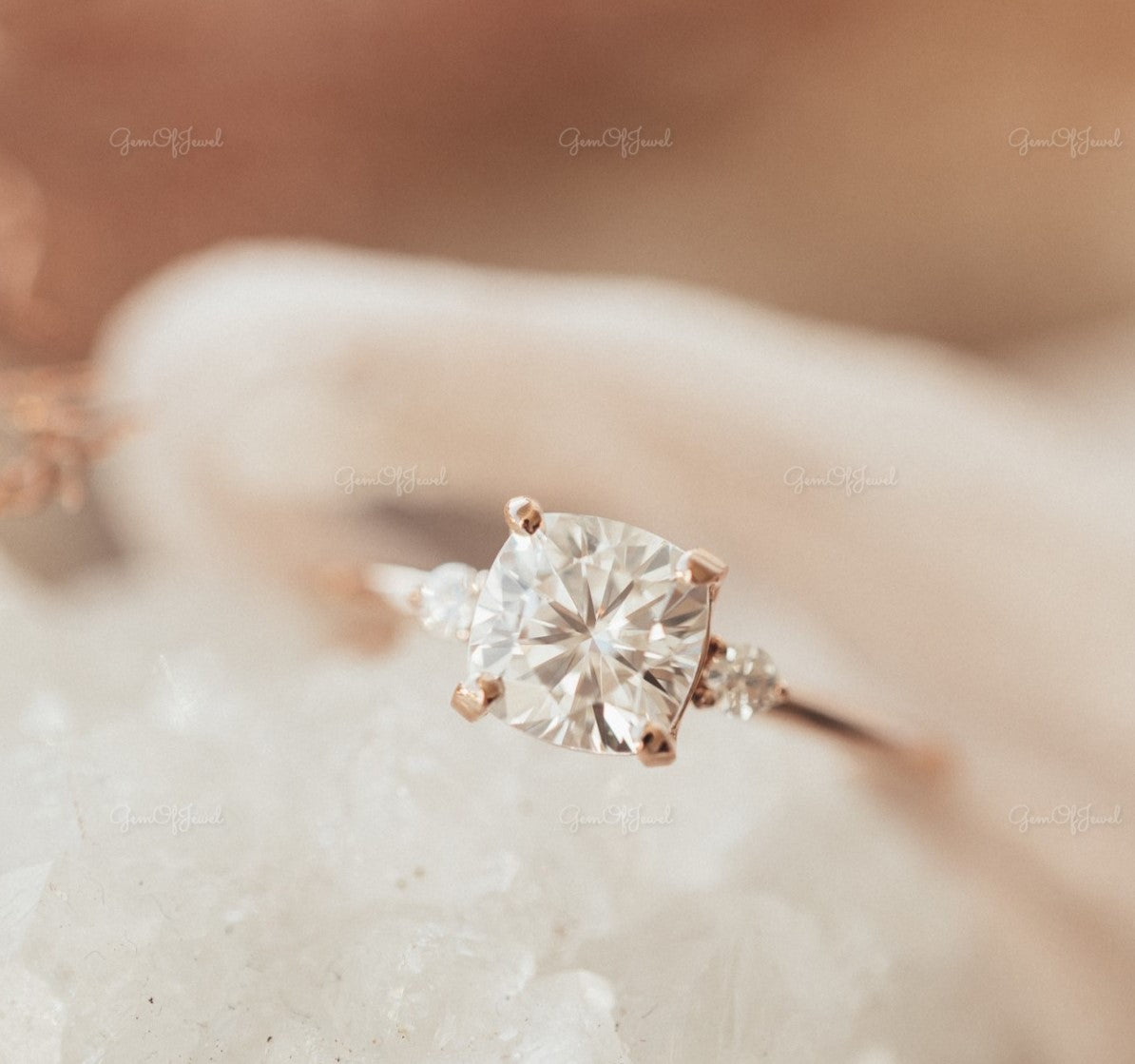 Cushion Moissanite Diamond Three Stone Engagement Ring With Side Round Diamond Engagement Ring For Her, Cushion Three Stone Ring