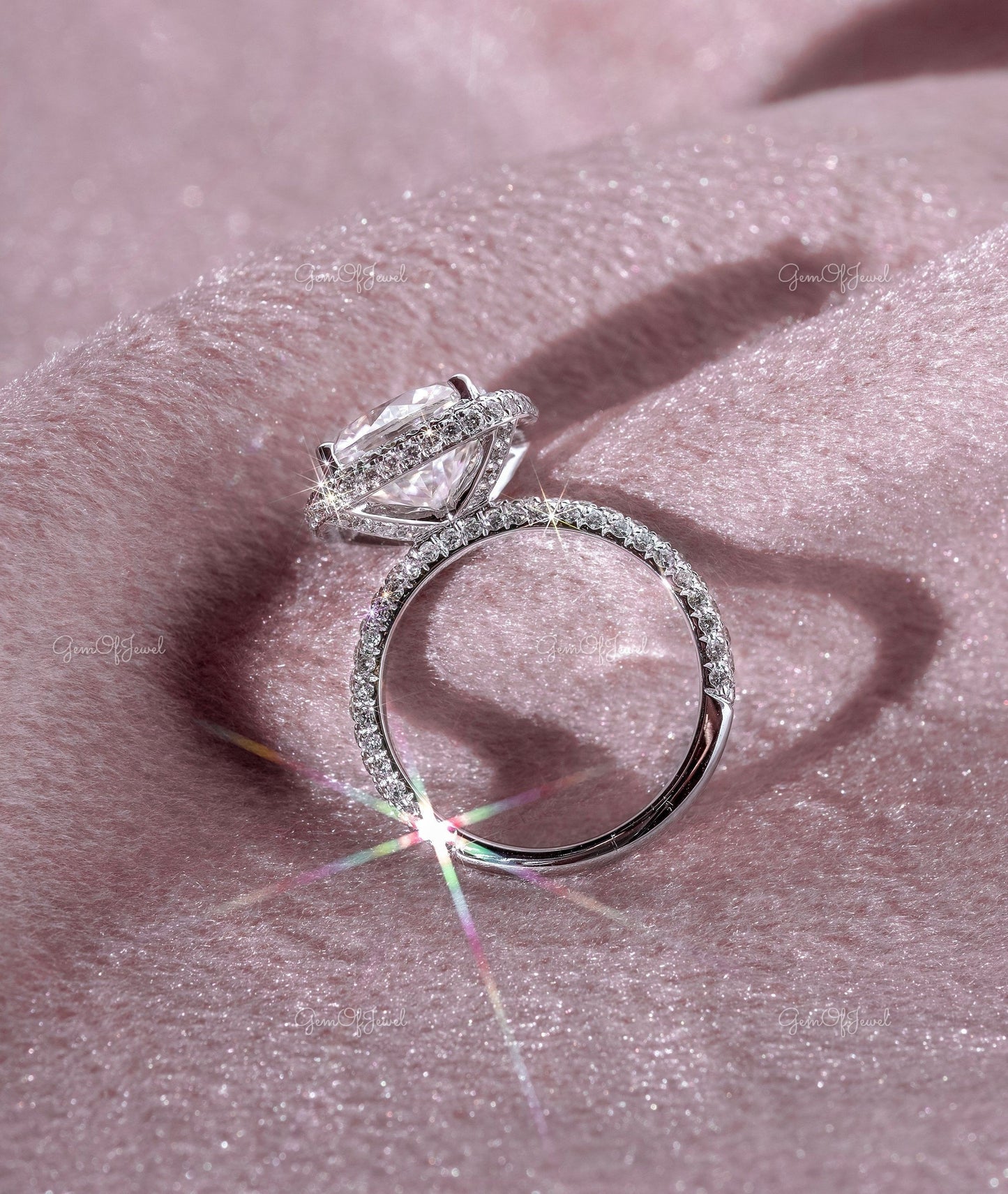 Cushion Moissanite Diamond Ring With Halo Of Round Diamond, 2 Way Halo And 3 Way Eternity Diamond Band Engagement Ring For Her, Cushion Ring