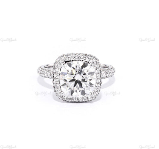 Cushion Moissanite Diamond Ring With Halo Of Round Diamond, 2 Way Halo And 3 Way Eternity Diamond Band Engagement Ring For Her, Cushion Ring