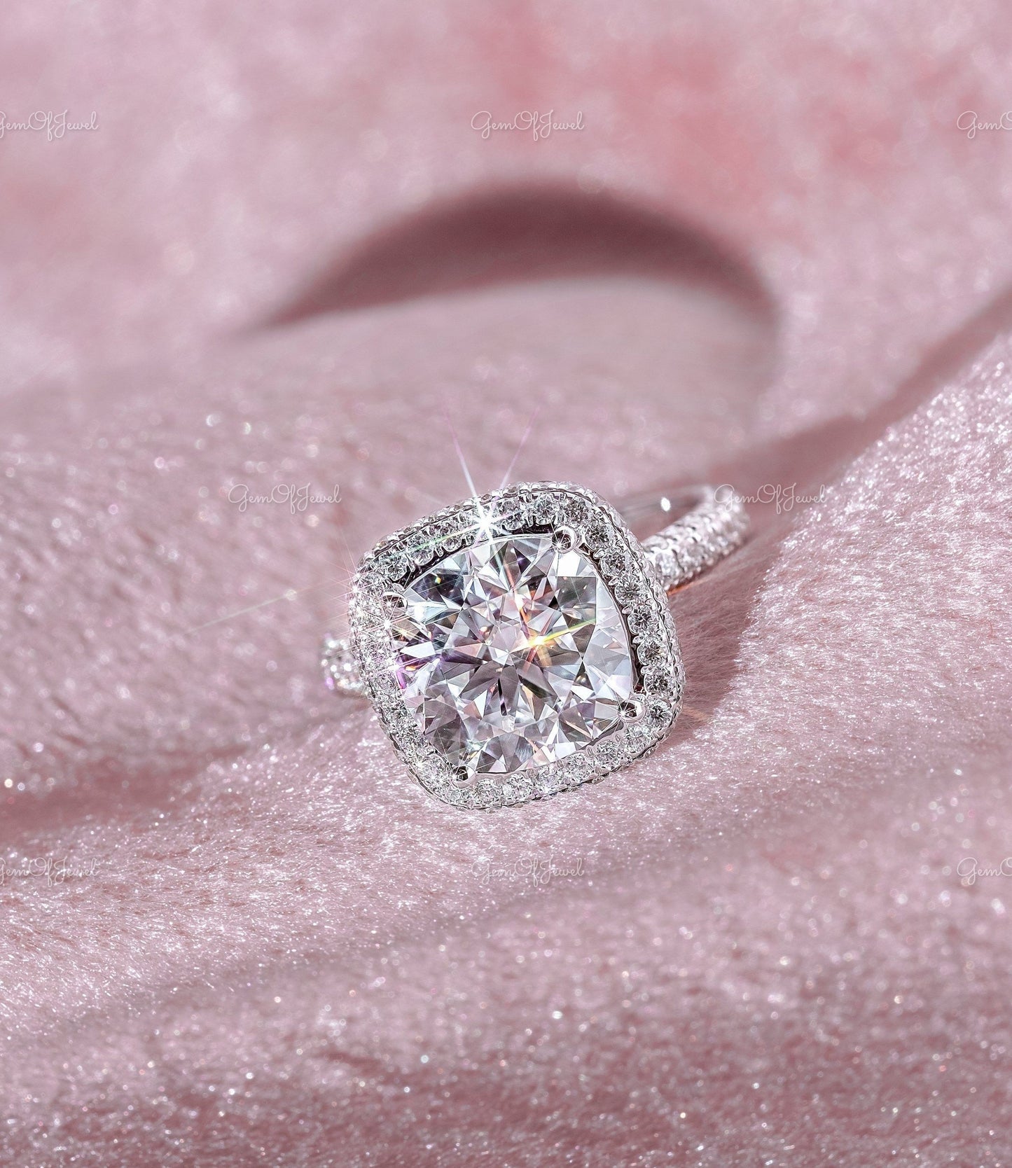 Cushion Moissanite Diamond Ring With Halo Of Round Diamond, 2 Way Halo And 3 Way Eternity Diamond Band Engagement Ring For Her, Cushion Ring
