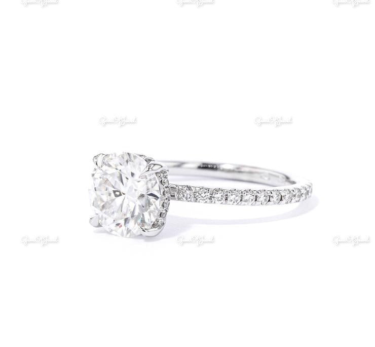 2CT Round Moissanite Diamond Ring, Round Moissanite Engagement Ring With Hidden Halo And Pave Half Eternity Band, Round Cut Diamond Ring