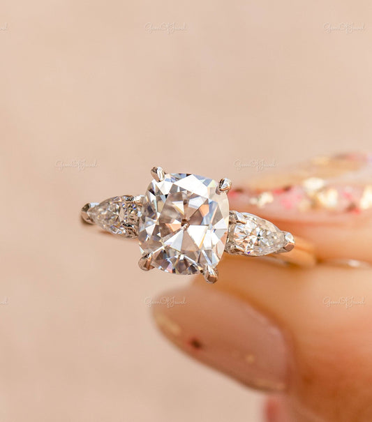 2CT Cushion Cut Moissanite Center Cushion Diamond With Side Pear Diamond Three Stone Ring Engagement ring For her, Cushion Diamond Ring