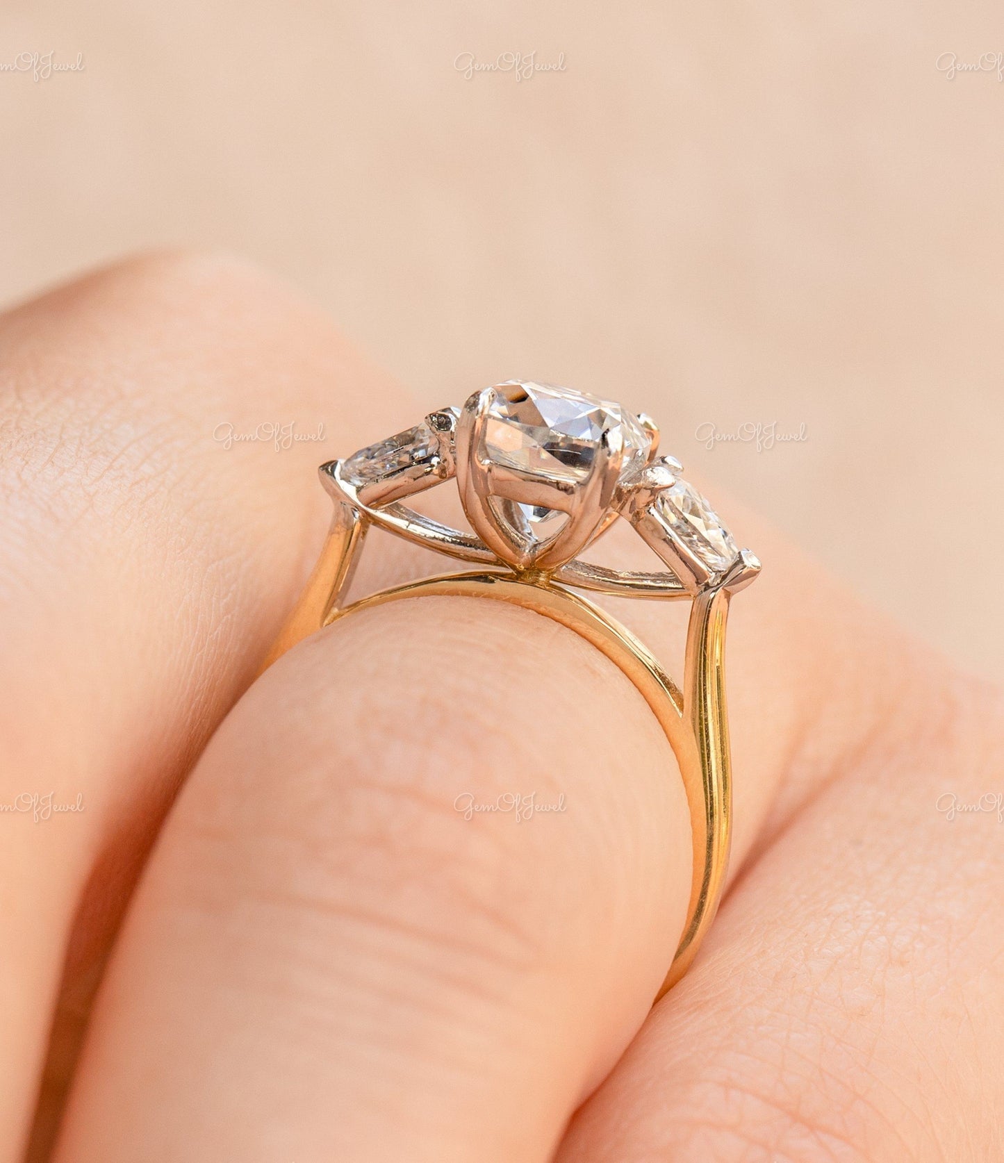 2CT Cushion Cut Moissanite Center Cushion Diamond With Side Pear Diamond Three Stone Ring Engagement ring For her, Cushion Diamond Ring