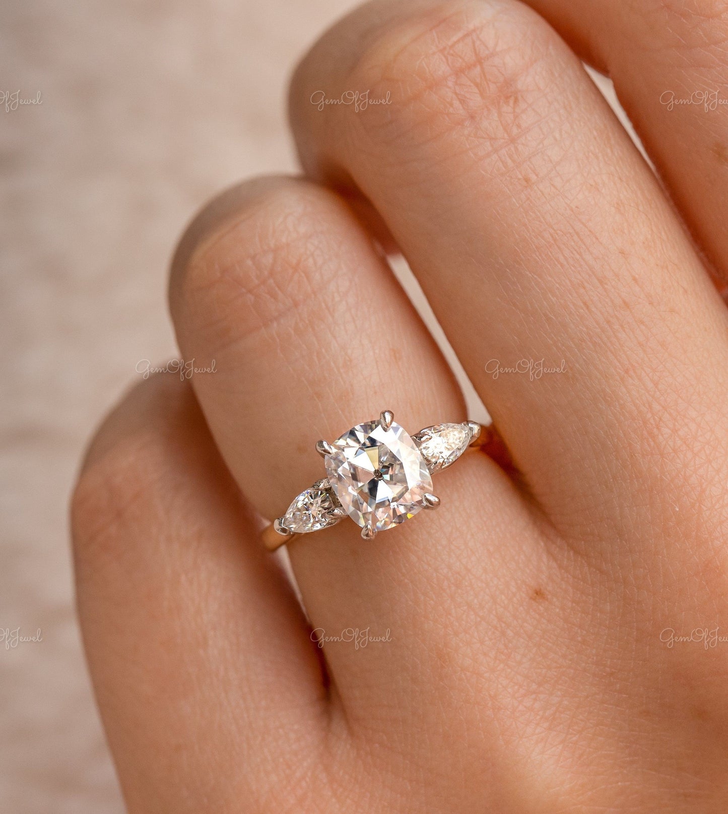 2CT Cushion Cut Moissanite Center Cushion Diamond With Side Pear Diamond Three Stone Ring Engagement ring For her, Cushion Diamond Ring