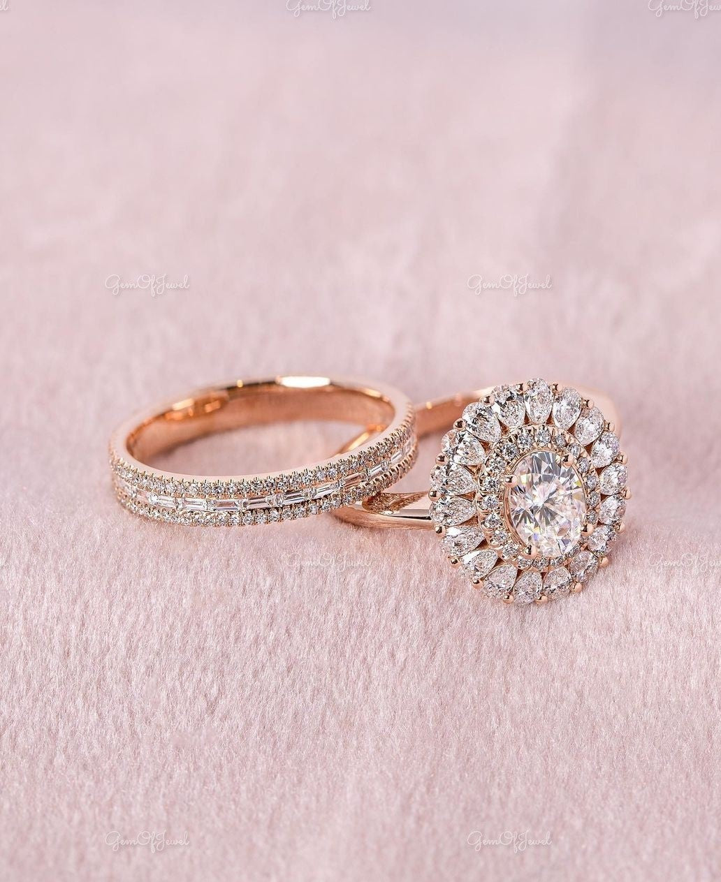Oval Moissanite Diamond Ring With Pear Diamond Halo Ring, Oval Moissanite Diamond Halo With Pear Moissanite Diamond Flower Ring, Double halo