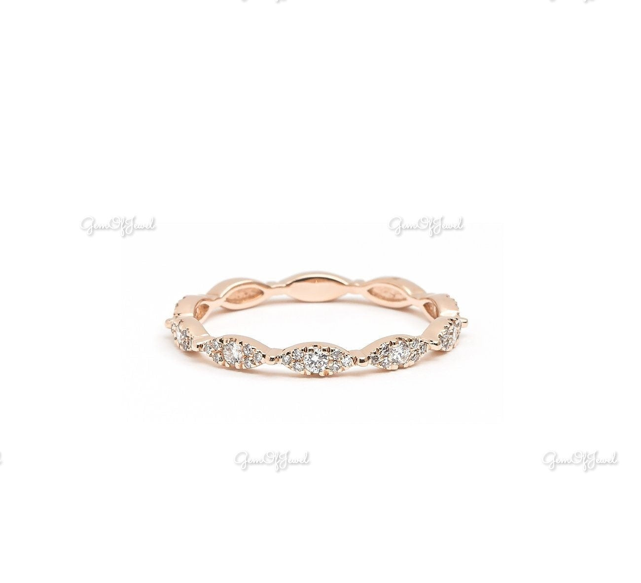 Marquise Diamond Ring With Plain Solid Band Ring With Round Moissanite Diamond Band, Marquise Six Prong Ring And Band Set For Her