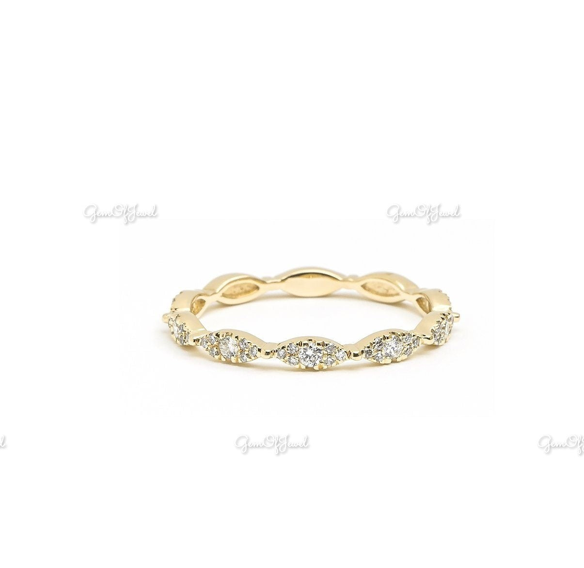 Marquise Diamond Ring With Plain Solid Band Ring With Round Moissanite Diamond Band, Marquise Six Prong Ring And Band Set For Her