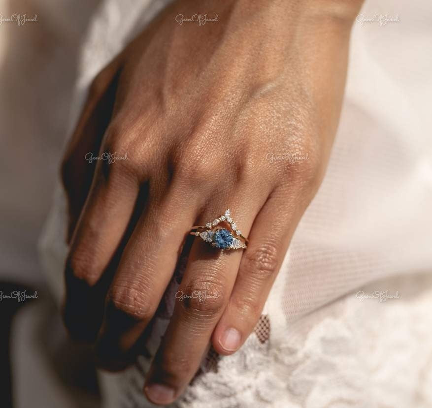 Round Sapphire Diamond Lab Synthetic 1 CT With Round Moissanite diamond Band Blue Center Stone With 3/4th Eternity Band Engagement Ring