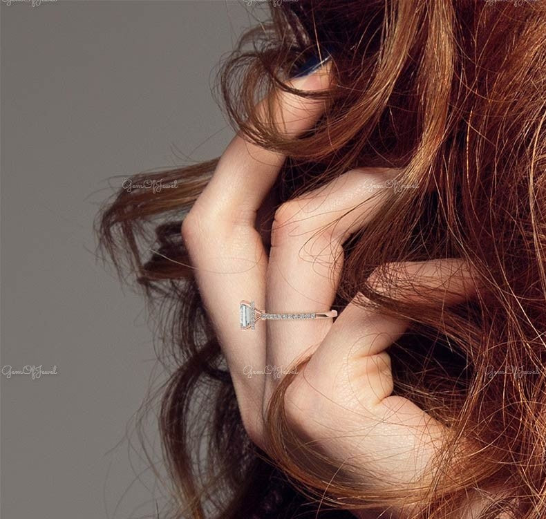 3CT Emerald Moissanite Diamond Under Halo Yellow Gold Ring With Eternity Band For Her Or Engagement Ring, Moissanite Wedding Ring