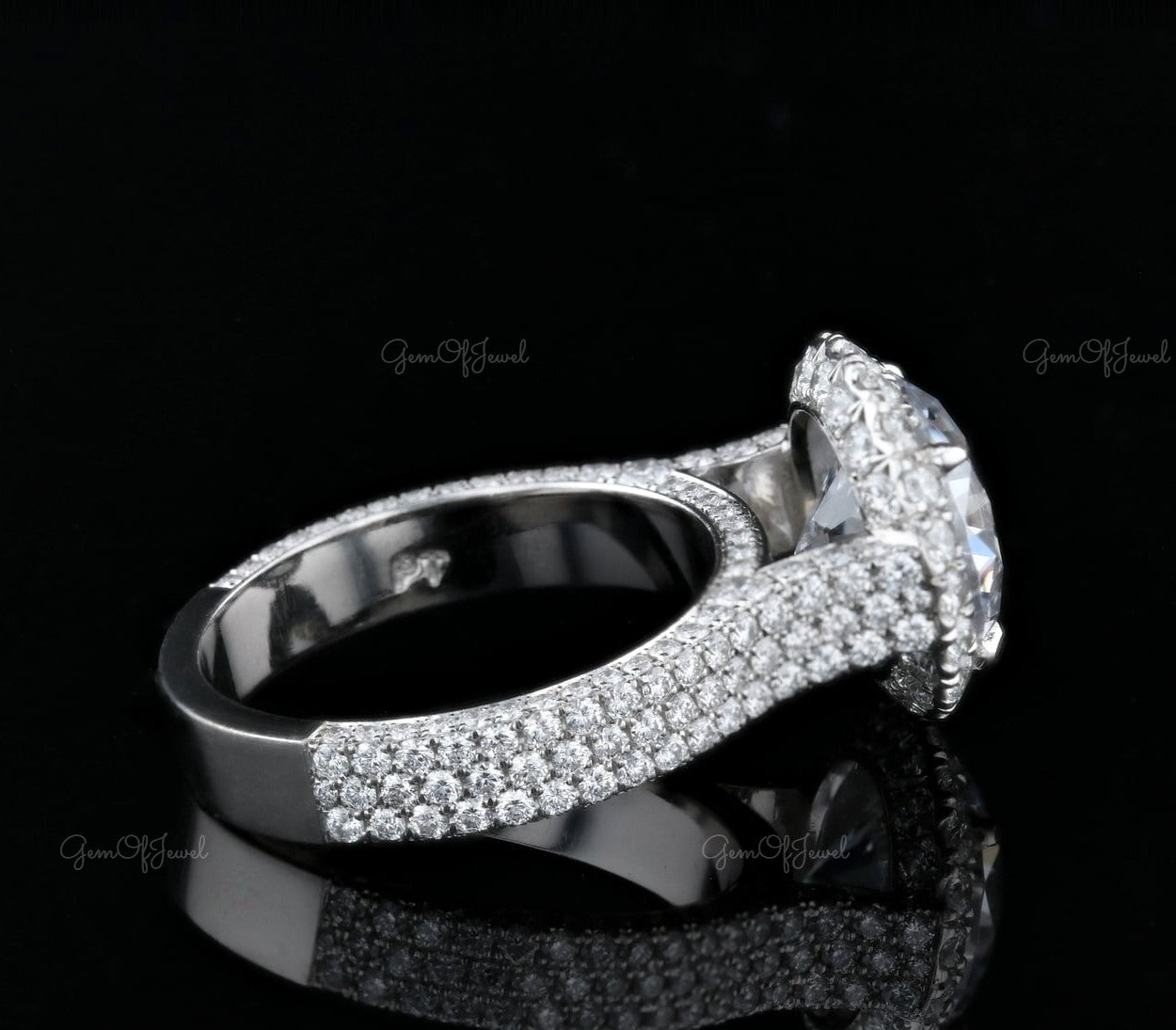 1.5 CT Round Moissanite Diamond 3 Lines of Pave Moissanite Diamond And 3 Side Pave Round Moissanite With Halo Engagement Ring