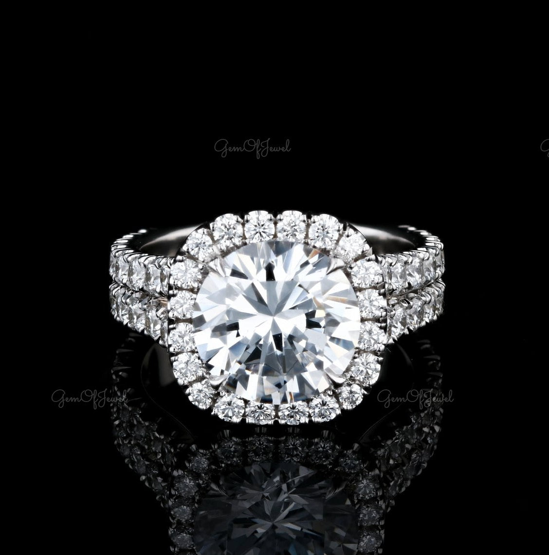 Round Cut Moissanite Diamond 1.2CT Round Center Stone With Halo Double Split Shank Eternity Band Ring For Her, Round Moissanite Diamond Ring