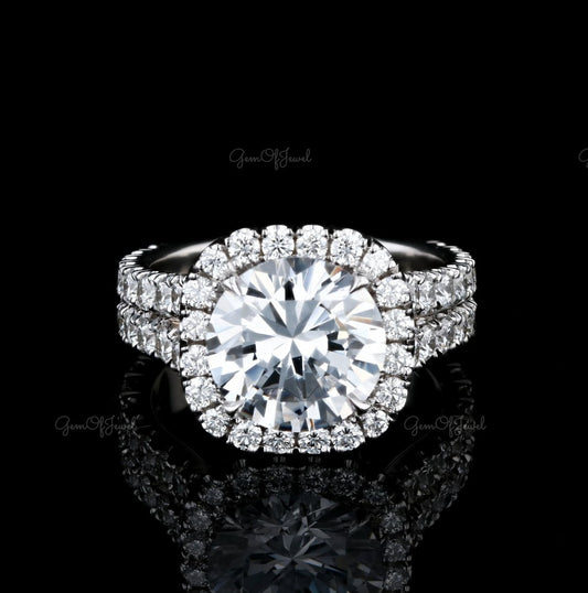 Round Cut Moissanite Diamond 1.2CT Round Center Stone With Halo Double Split Shank Eternity Band Ring For Her, Round Moissanite Diamond Ring
