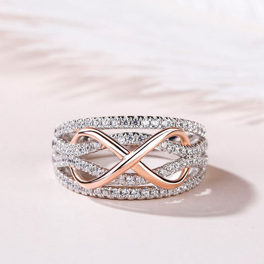 Round Infinity Shape Moissanite Ring, Two Tone Gold Ring, Round Moissanite Infinity Diamond Ring, Infinity Shape Moissanite Ring For Her