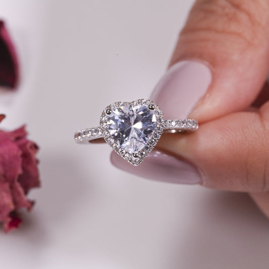 Heart Cut Moissanite Diamond Ring With Halo And Eternity Band Moissanite Engagement Ring, Heart Cut Diamond Wedding Ring, Love Promise Ring