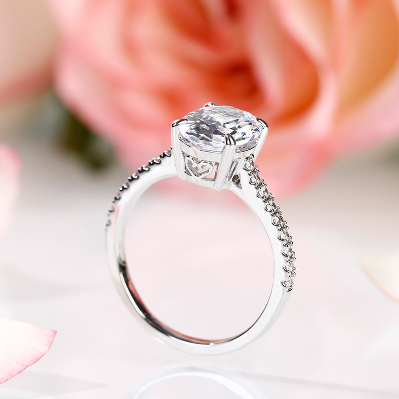 Oval Moissanite Diamond Engagement Ring With Half Pave Eternity Diamond On Band Ring For Her, Oval Moissanite Diamond Engagement Ring For Her