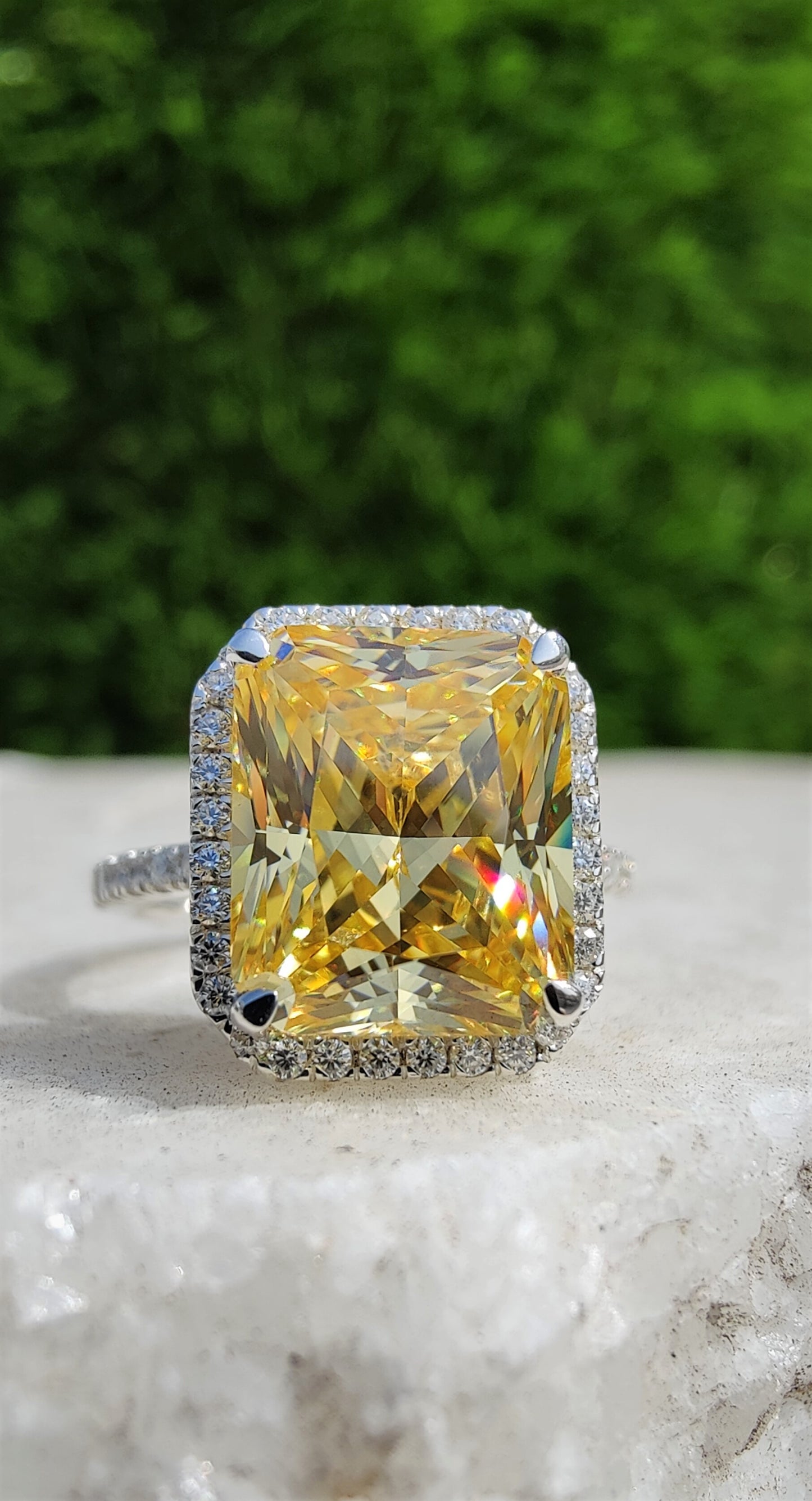 Yellow Sapphire Radiant Cut Simulated Stone With Halo Of Round Moissanite Diamond And Pave Eternity Band, Solid 14K Gold Ring Gift For Her