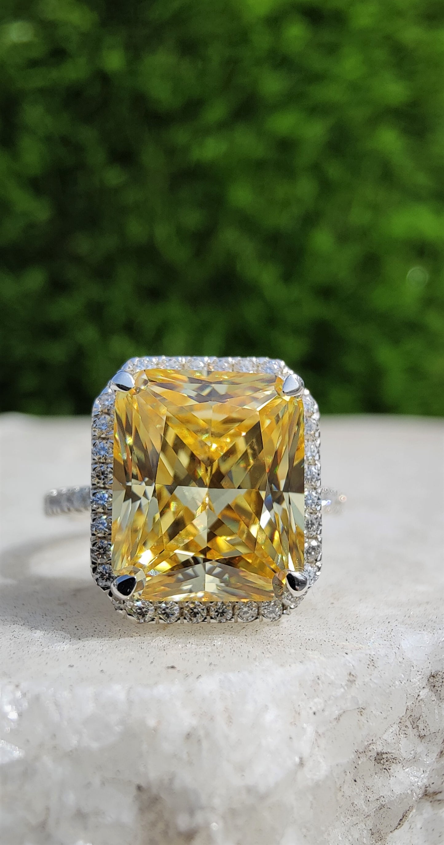Yellow Sapphire Radiant Cut Simulated Stone With Halo Of Round Moissanite Diamond And Pave Eternity Band, Solid 14K Gold Ring Gift For Her