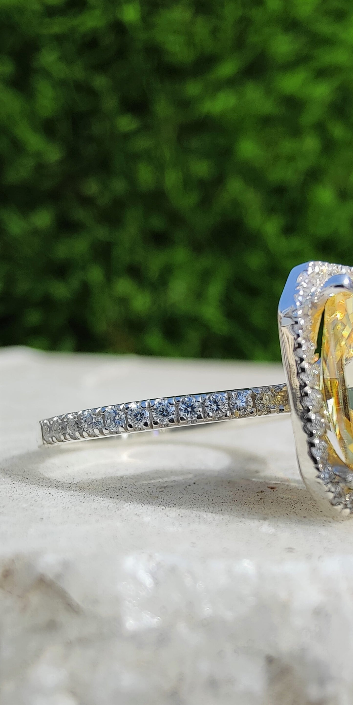 Yellow Sapphire Radiant Cut Simulated Stone With Halo Of Round Moissanite Diamond And Pave Eternity Band, Solid 14K Gold Ring Gift For Her