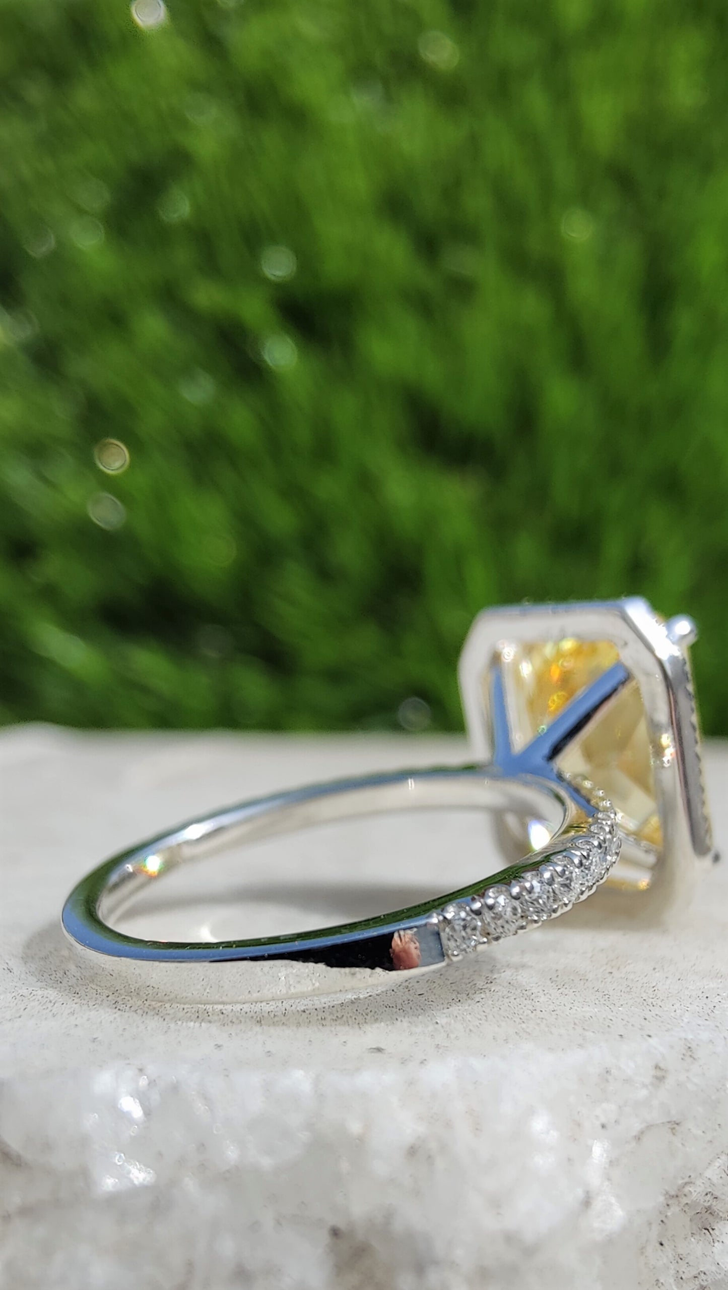 Yellow Sapphire Radiant Cut Simulated Stone With Halo Of Round Moissanite Diamond And Pave Eternity Band, Solid 14K Gold Ring Gift For Her