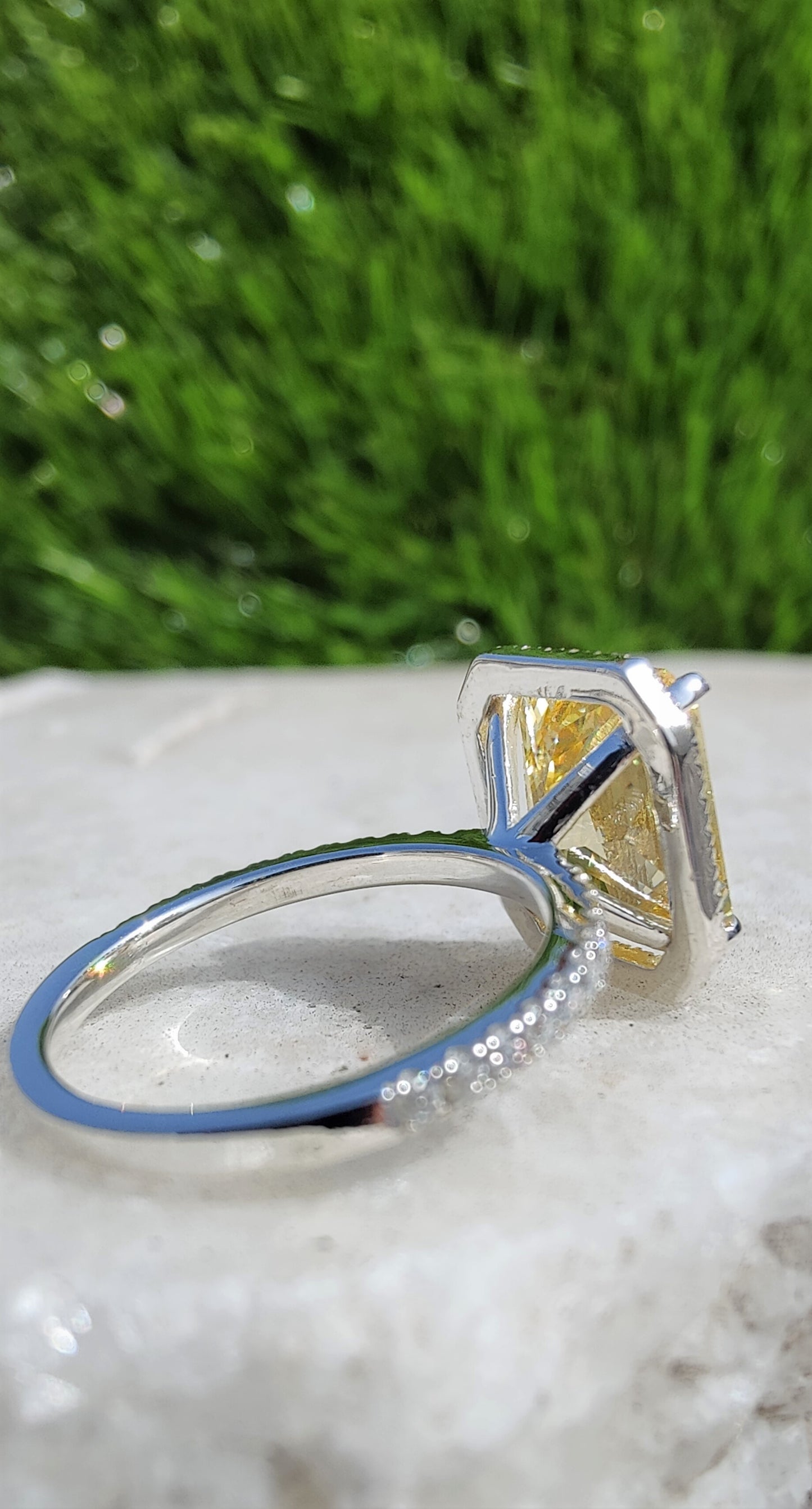 Yellow Sapphire Radiant Cut Simulated Stone With Halo Of Round Moissanite Diamond And Pave Eternity Band, Solid 14K Gold Ring Gift For Her